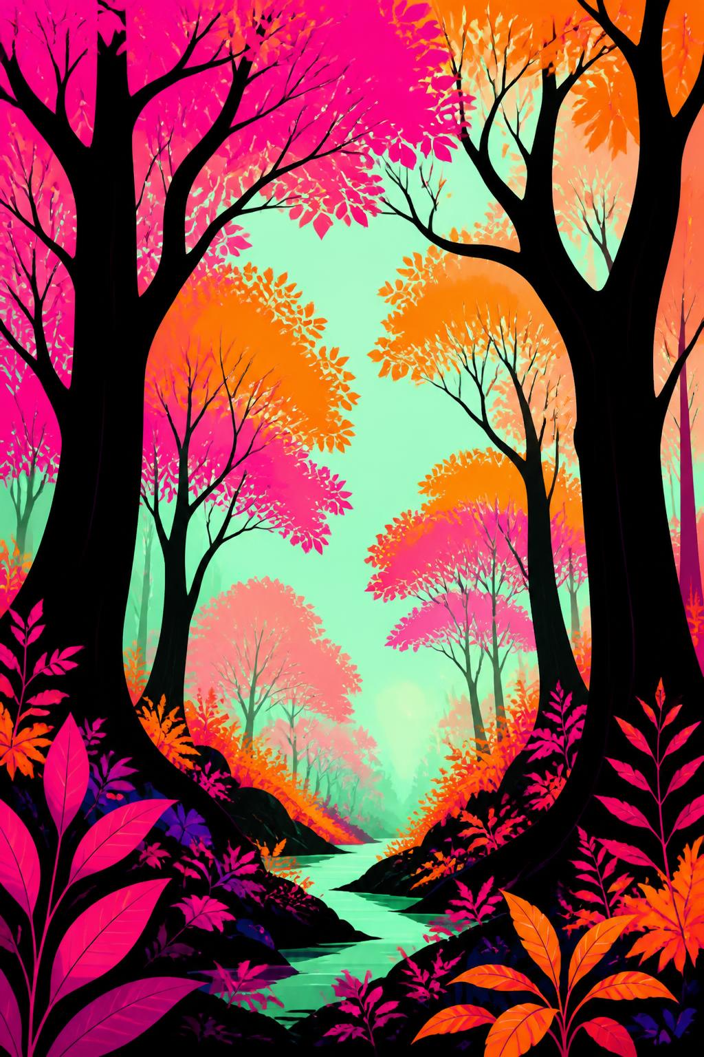 The Faith Forest book cover: neon fuchsia and orange leaves against a light aquamarine forest